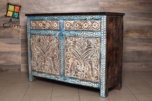 Hand-Carved Rustic Wooden Console Table with Drawer & Cabinet Storage