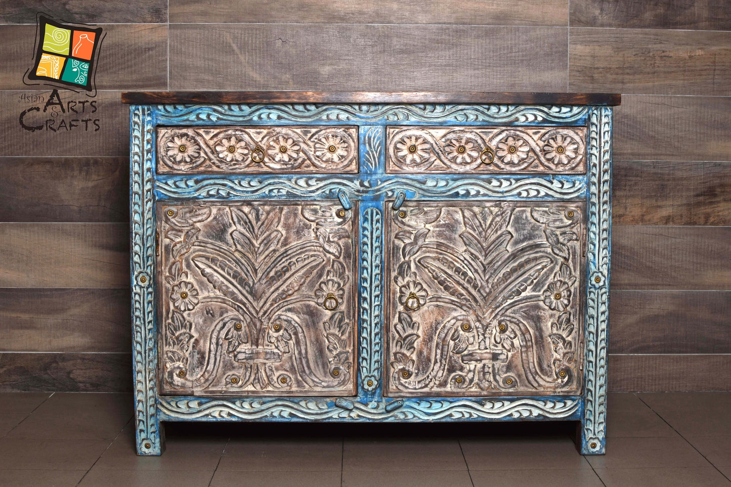 Hand-Carved Rustic Wooden Console Table with Drawer & Cabinet Storage