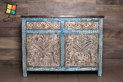 Hand-Carved Rustic Wooden Console Table with Drawer & Cabinet Storage