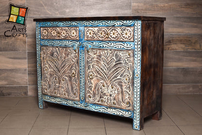 Hand-Carved Rustic Wooden Console Table with Drawer & Cabinet Storage