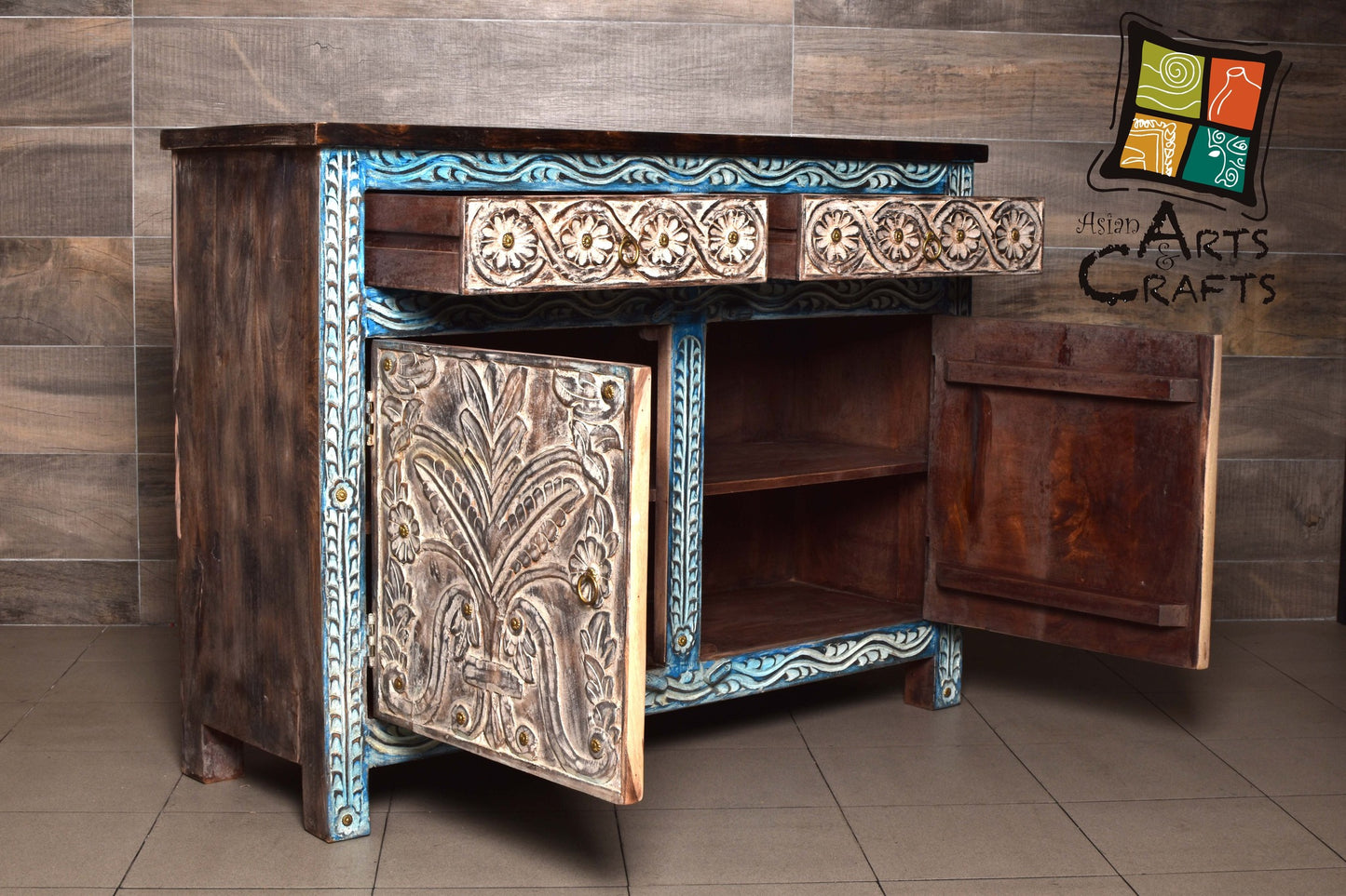 Hand-Carved Rustic Wooden Console Table with Drawer & Cabinet Storage