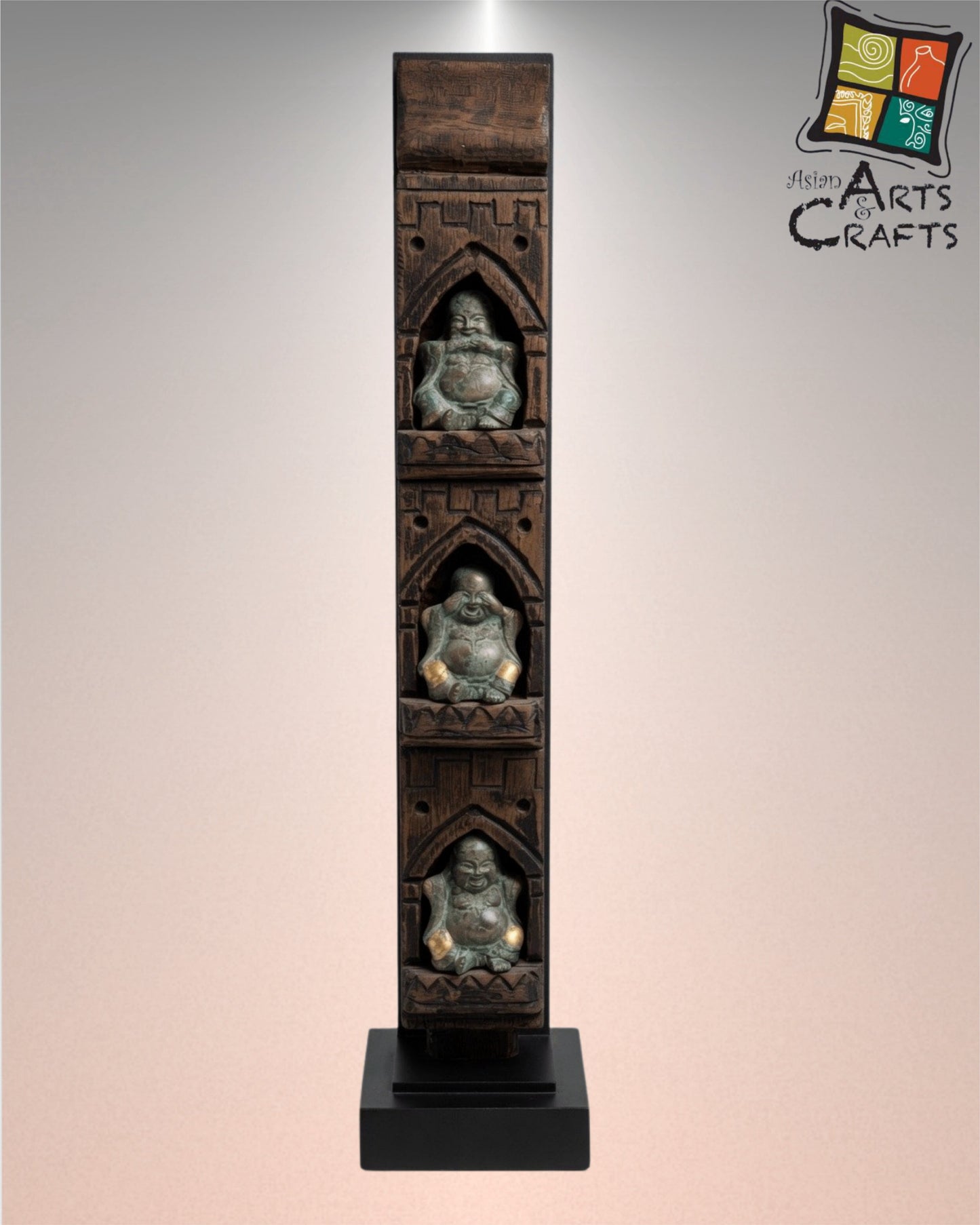 Bronze laughing buddha 3 in 1 wooden stand