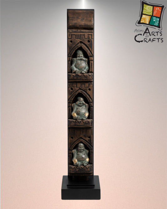 Bronze laughing buddha 3 in 1 wooden stand