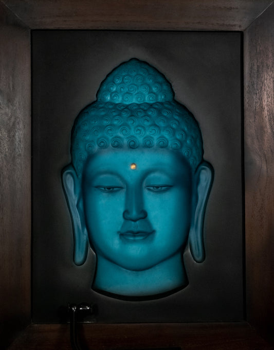 Luminous Aqua Buddha Head 3D Frame