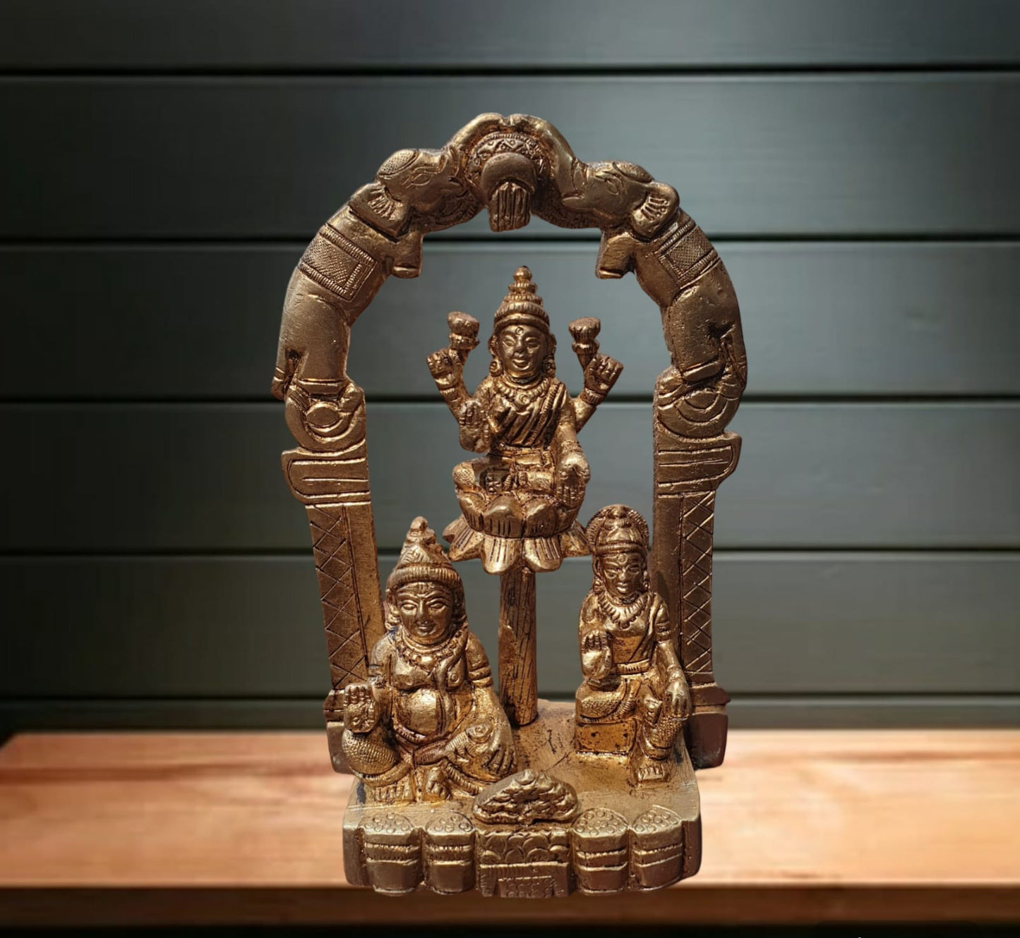 Triumphant Brass Kubera, Laxmi, and Riddhi Statue