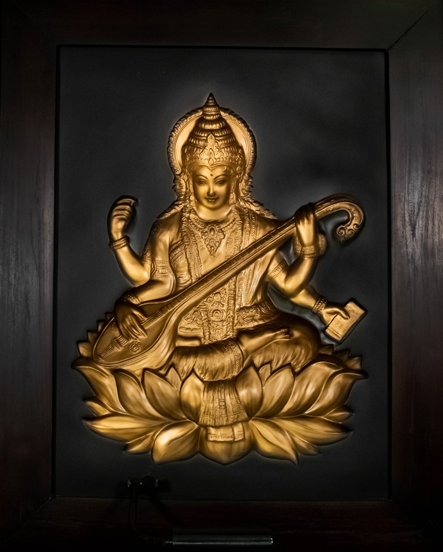 Golden Harmony: Goddess Saraswathi 3D Wall Frame (Gold)