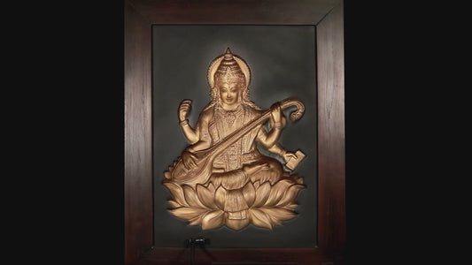Golden Harmony: Goddess Saraswathi 3D Wall Frame (Gold)